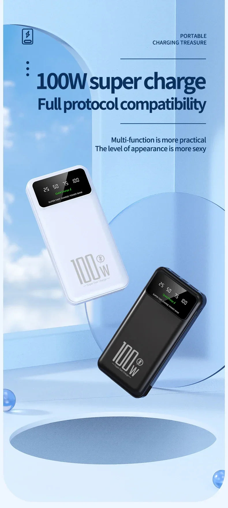 2025 NEW Power Bank 50000mAh High Capacity 100W Fast Charging Portable Charger External Battery Pack Powerbank for IPhone Huawei