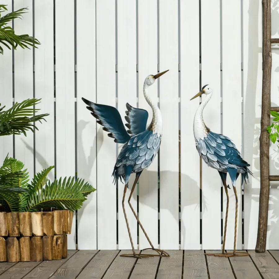 Set of 2 Standing Bird Garden Sculptures Heron Garden Statues for Lawn Patio Backyard Dration 29 27.5 Blue White