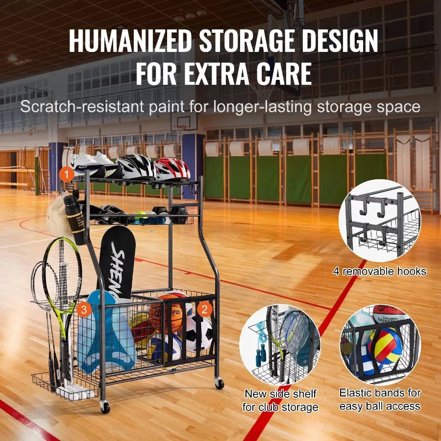 Sports Equipment Garage Organizer Rolling Ball Storage Cart on Wheels Basketball Rack with Baskets and Hooks Indoor Outdoor Sp