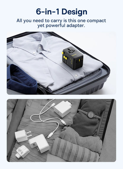 Baseus GaN Charger Universal Travel Adapter Built in 70W Retractable Cable 2AC 2 USB-A Type-C Fast Charging EU/UK/USA/AUS