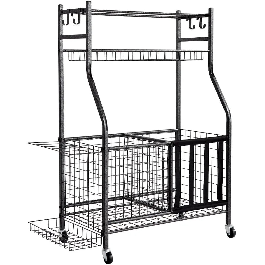 Sports Equipment Garage Organizer Rolling Ball Storage Cart on Wheels Basketball Rack with Baskets and Hooks Indoor Outdoor Sp