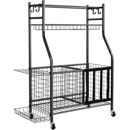 Sports Equipment Garage Organizer Rolling Ball Storage Cart on Wheels Basketball Rack with Baskets and Hooks Indoor Outdoor Sp