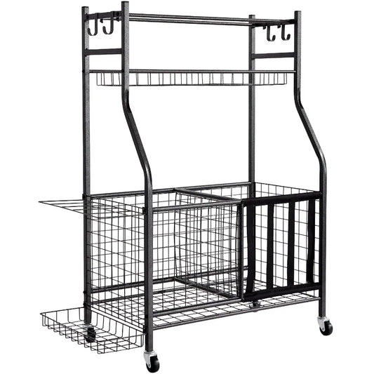 Sports Equipment Garage Organizer Rolling Ball Storage Cart on Wheels Basketball Rack with Baskets and Hooks Indoor Outdoor Sp