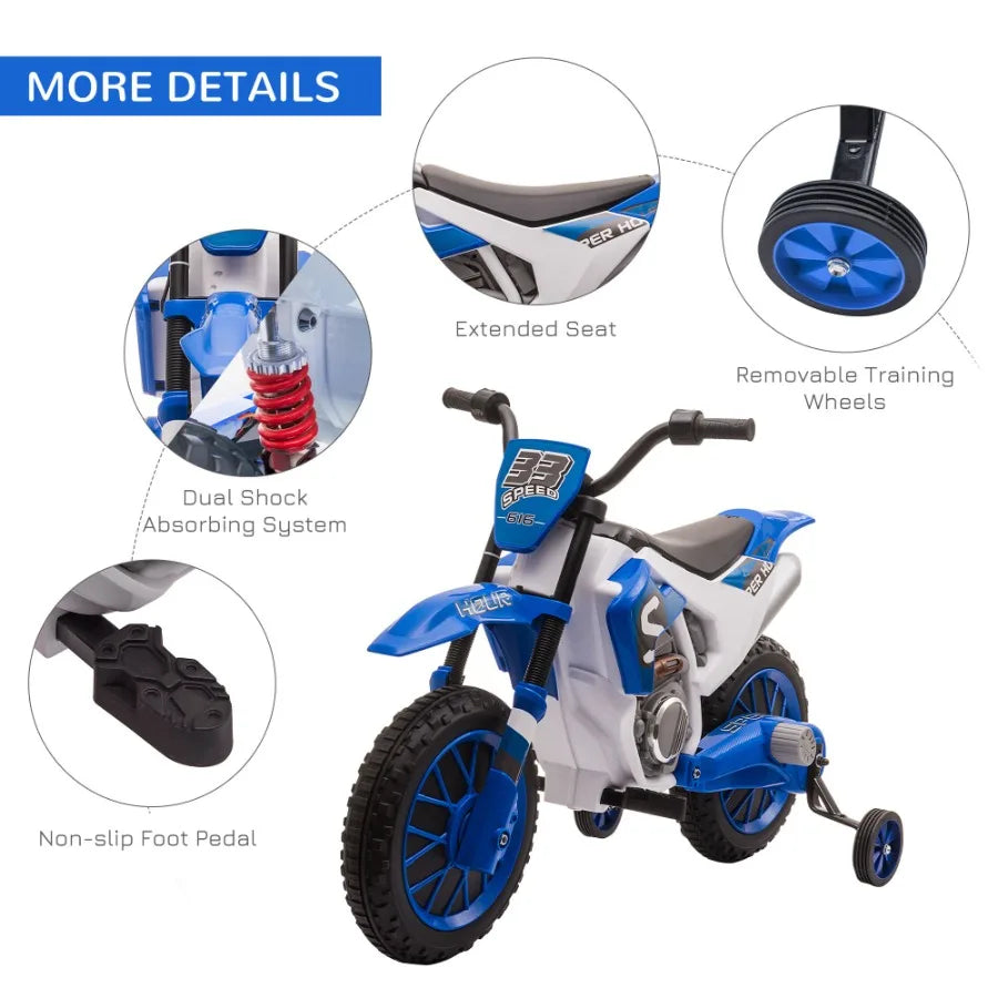 Aosom 12V Motorcycle Dirt Bike Electric BatteryPowered RideOn Toy Offroad Street Bike with Charging Battery Training Wheels Blu