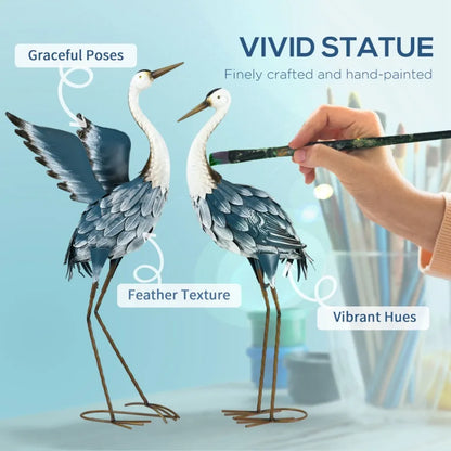 Set of 2 Standing Bird Garden Sculptures Heron Garden Statues for Lawn Patio Backyard Dration 29 27.5 Blue White