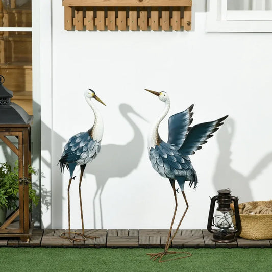 Set of 2 Standing Bird Garden Sculptures Heron Garden Statues for Lawn Patio Backyard Dration 29 27.5 Blue White