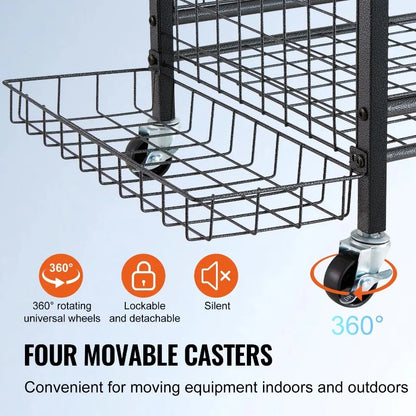 Sports Equipment Garage Organizer Rolling Ball Storage Cart on Wheels Basketball Rack with Baskets and Hooks Indoor Outdoor Sp