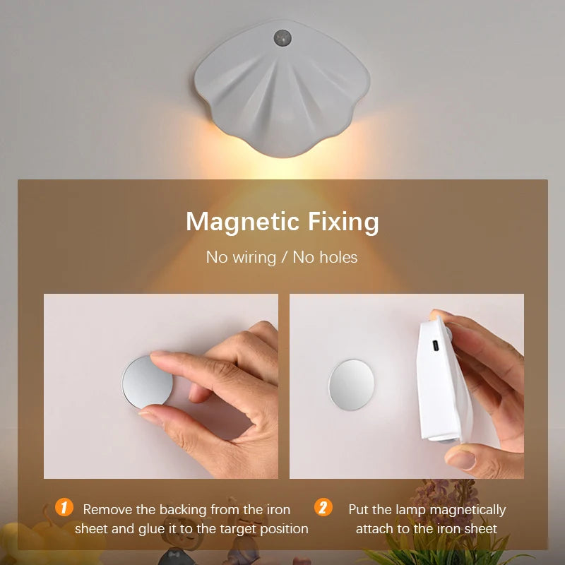 Motion Sensor LED Light, USB Rechargeable Night Light, Wireless Magnetic Shell Shape Wall Lamp for Living Room Staircase Closet