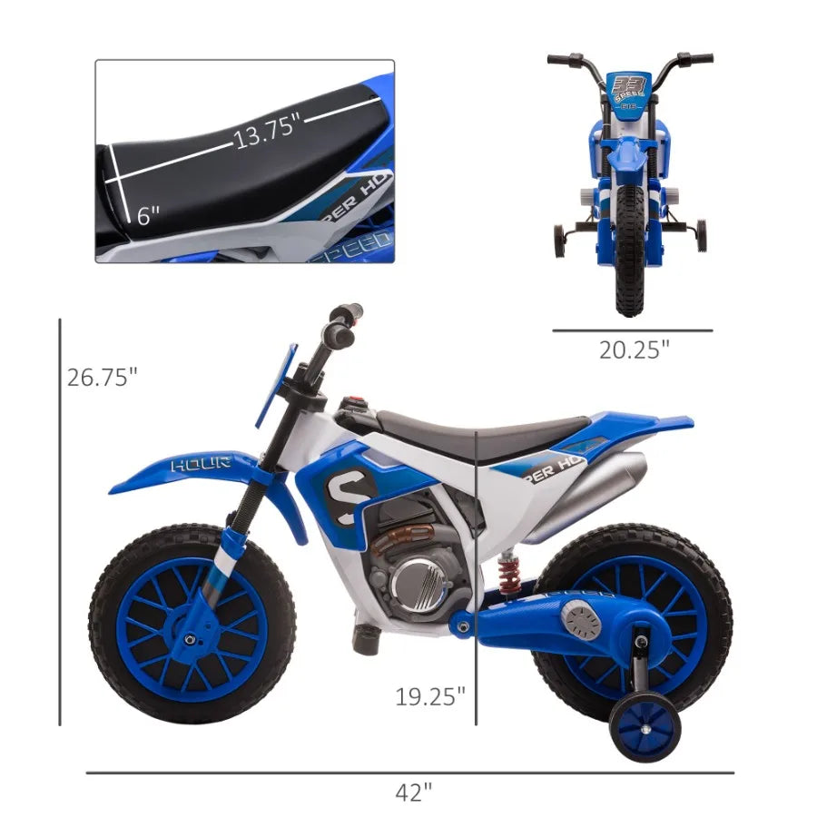 Aosom 12V Motorcycle Dirt Bike Electric BatteryPowered RideOn Toy Offroad Street Bike with Charging Battery Training Wheels Blu