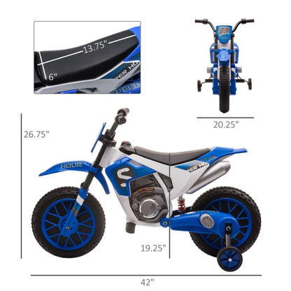 Aosom 12V Motorcycle Dirt Bike Electric BatteryPowered RideOn Toy Offroad Street Bike with Charging Battery Training Wheels Blu