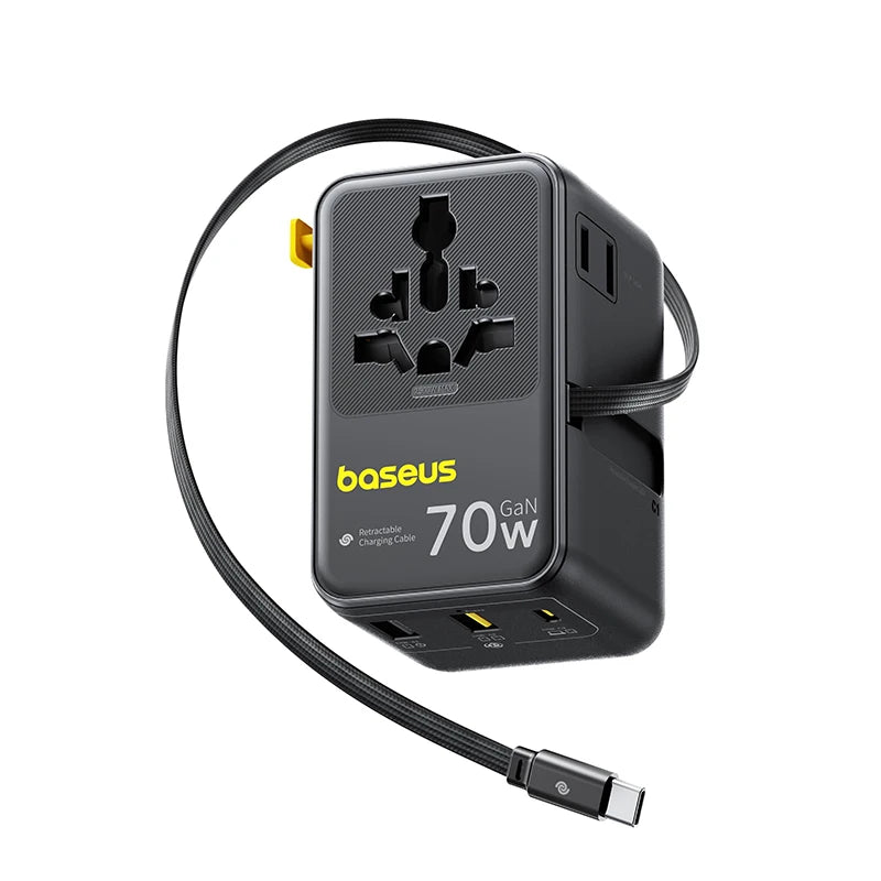 Baseus GaN Charger Universal Travel Adapter Built in 70W Retractable Cable 2AC 2 USB-A Type-C Fast Charging EU/UK/USA/AUS