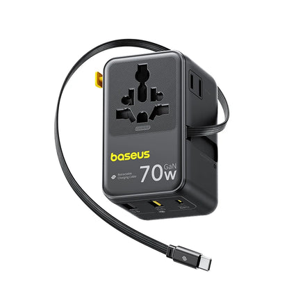 Baseus GaN Charger Universal Travel Adapter Built in 70W Retractable Cable 2AC 2 USB-A Type-C Fast Charging EU/UK/USA/AUS
