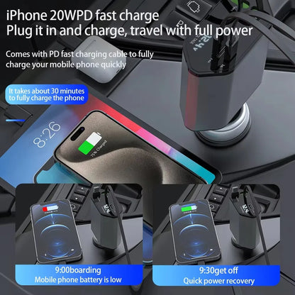 4-in-1 Car Charger Mobile Pphone Charger Expansion Cable Support For Fast Charging Of iPhone iPad Galaxy Pixel Huawei