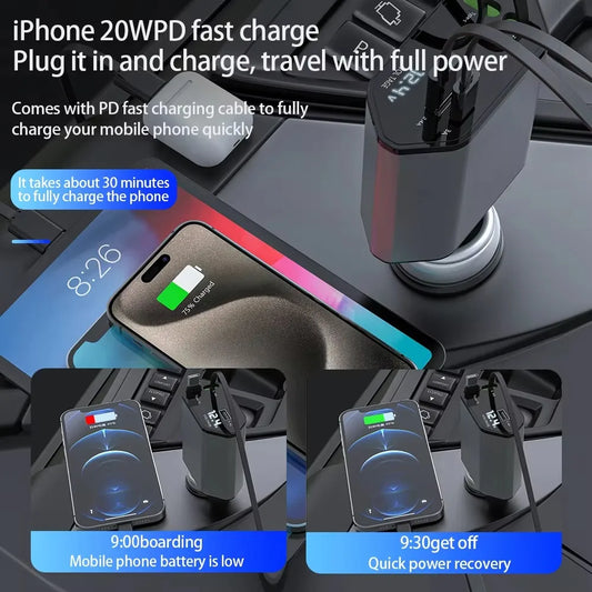 4-in-1 Car Charger Mobile Pphone Charger Expansion Cable Support For Fast Charging Of iPhone iPad Galaxy Pixel Huawei
