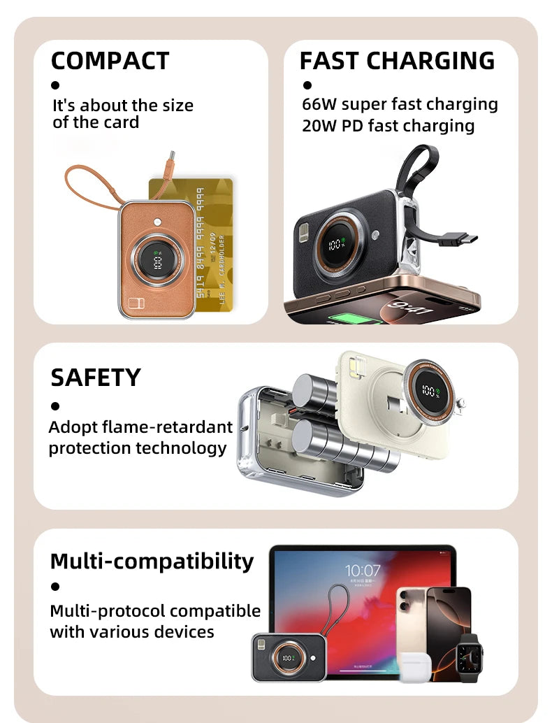 Power Bank With 2 Cables Power Bank 10000mAh Large Capacity PD Fast Charging Powerbank Rechargeable Batteries Portable Battery