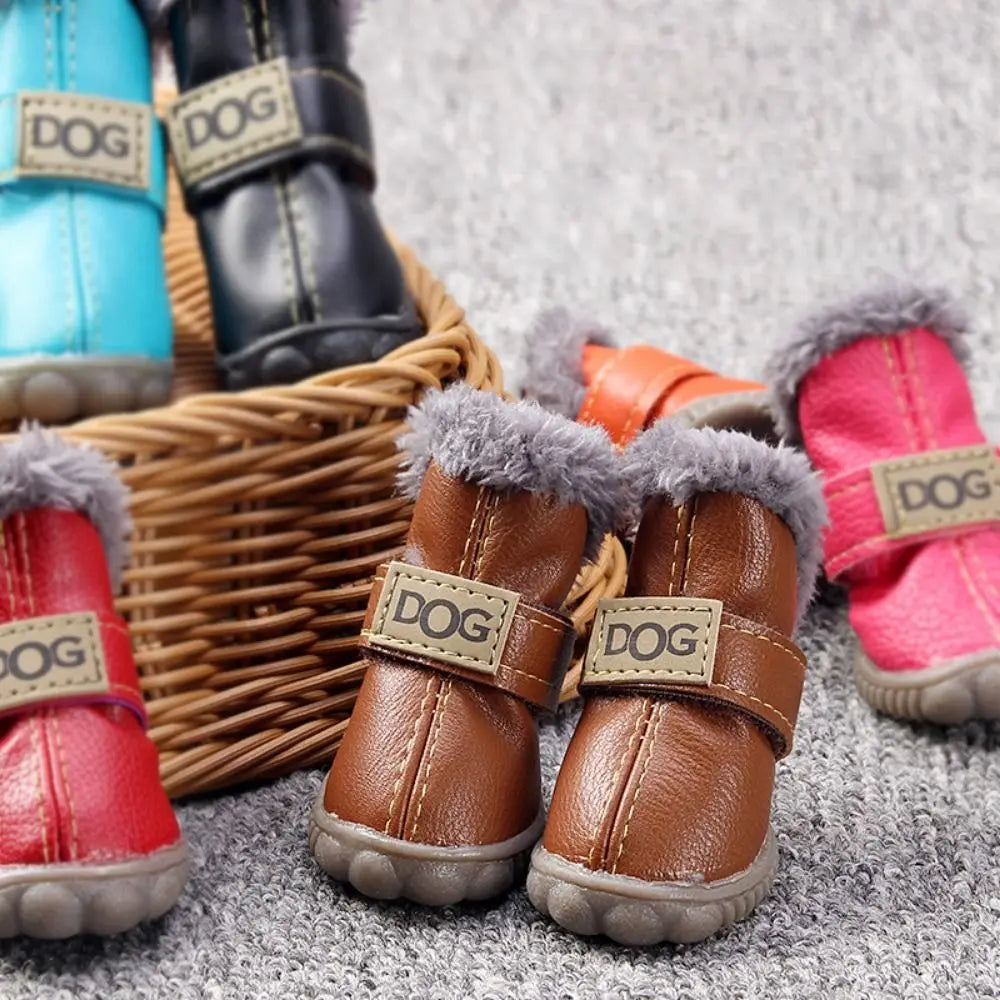 Fashion Warm Pet Snow Boots Soft Waterproof Winter Pet Dog Shoes Non Slip Plush/PU for 4Pcs/Set Winter