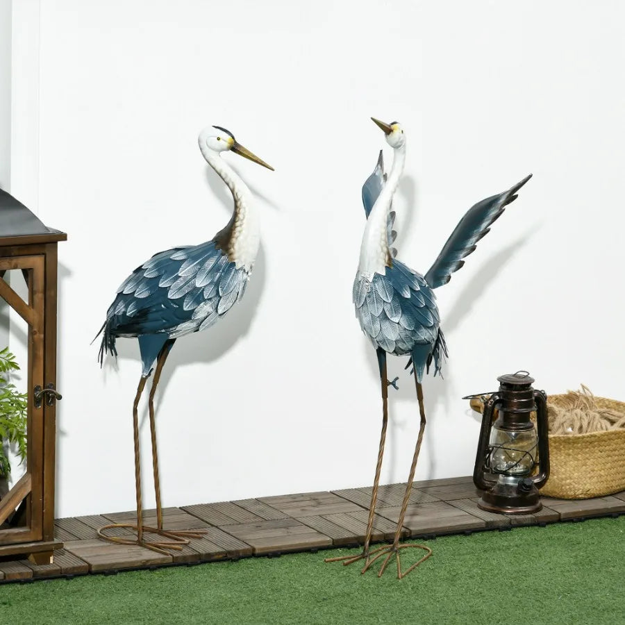 Set of 2 Standing Bird Garden Sculptures Heron Garden Statues for Lawn Patio Backyard Dration 29 27.5 Blue White