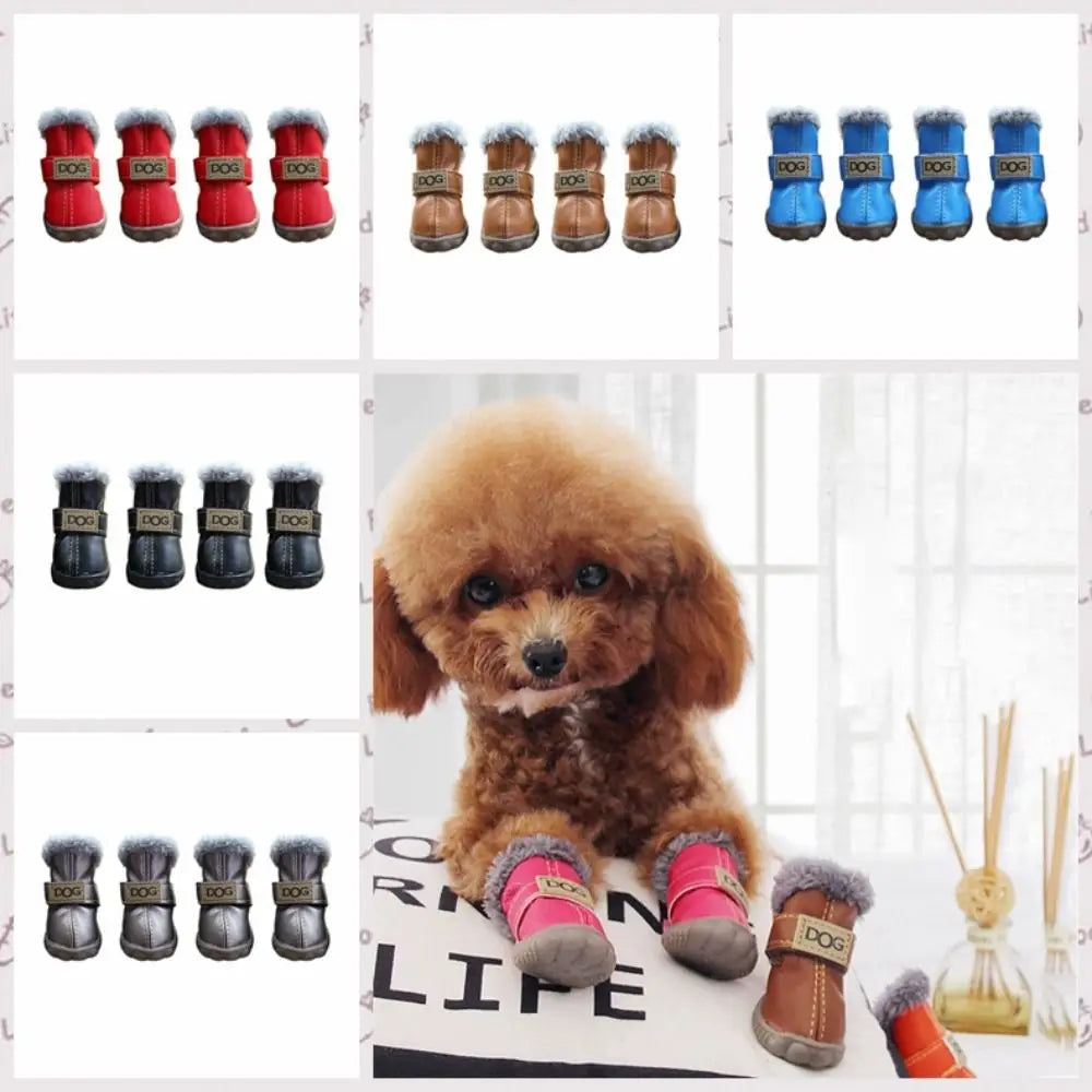 Fashion Warm Pet Snow Boots Soft Waterproof Winter Pet Dog Shoes Non Slip Plush/PU for 4Pcs/Set Winter