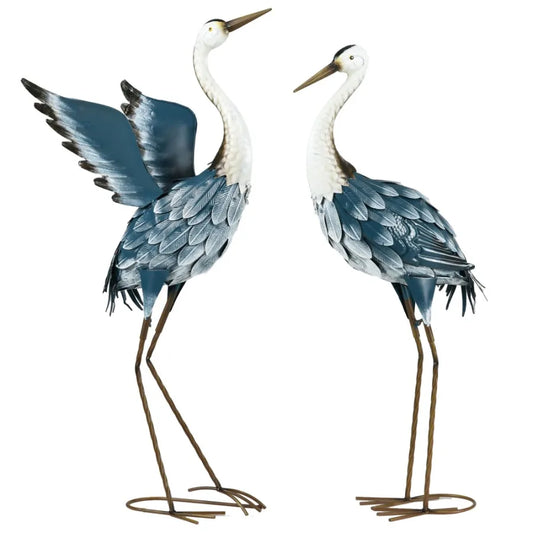 Set of 2 Standing Bird Garden Sculptures Heron Garden Statues for Lawn Patio Backyard Dration 29 27.5 Blue White