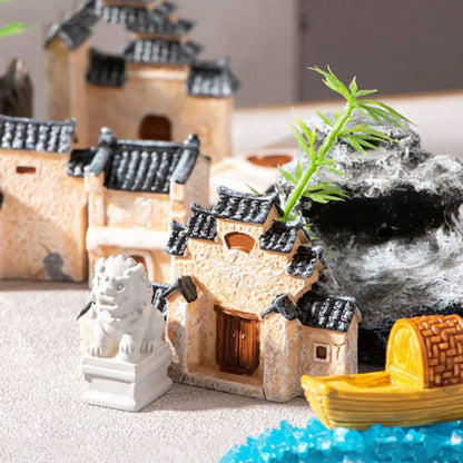 Decorative Mini Resin House Chinese Style Resin Bonsai Landscaping Retor Mini House Retro Building Home Desk