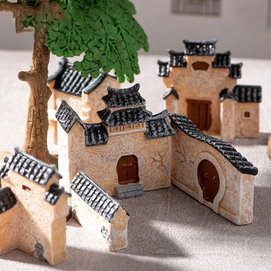 Decorative Mini Resin House Chinese Style Resin Bonsai Landscaping Retor Mini House Retro Building Home Desk