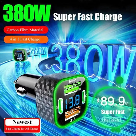 380W Car Mobile Phone Charger 4-in-1 Digital Display Auto Charger Super Fast Charge Adapter For IPhone Oppo Vivo