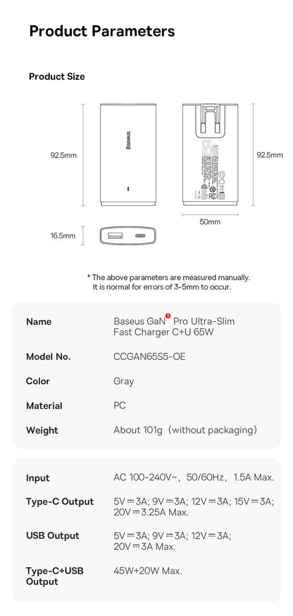Baseus 65W GaN5 Charger Quick Charge QC 3.0 4.0 USB Type C Charger Portable Travel Charger Fast Charging For Laptop iPhone 14 13
