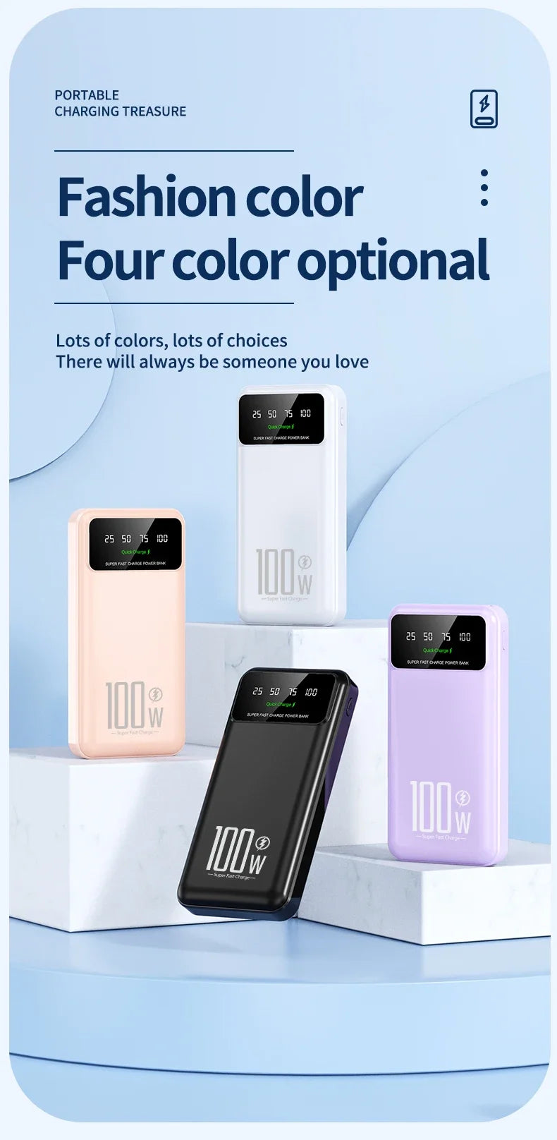 2025 NEW Power Bank 50000mAh High Capacity 100W Fast Charging Portable Charger External Battery Pack Powerbank for IPhone Huawei