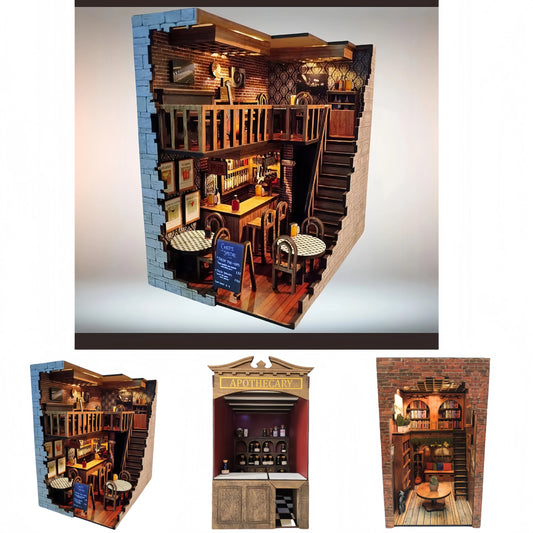 Home decoration DIY assembly bar & cafe, library, pharmacy house model wooden crafts and ornaments micro landscaping set gift