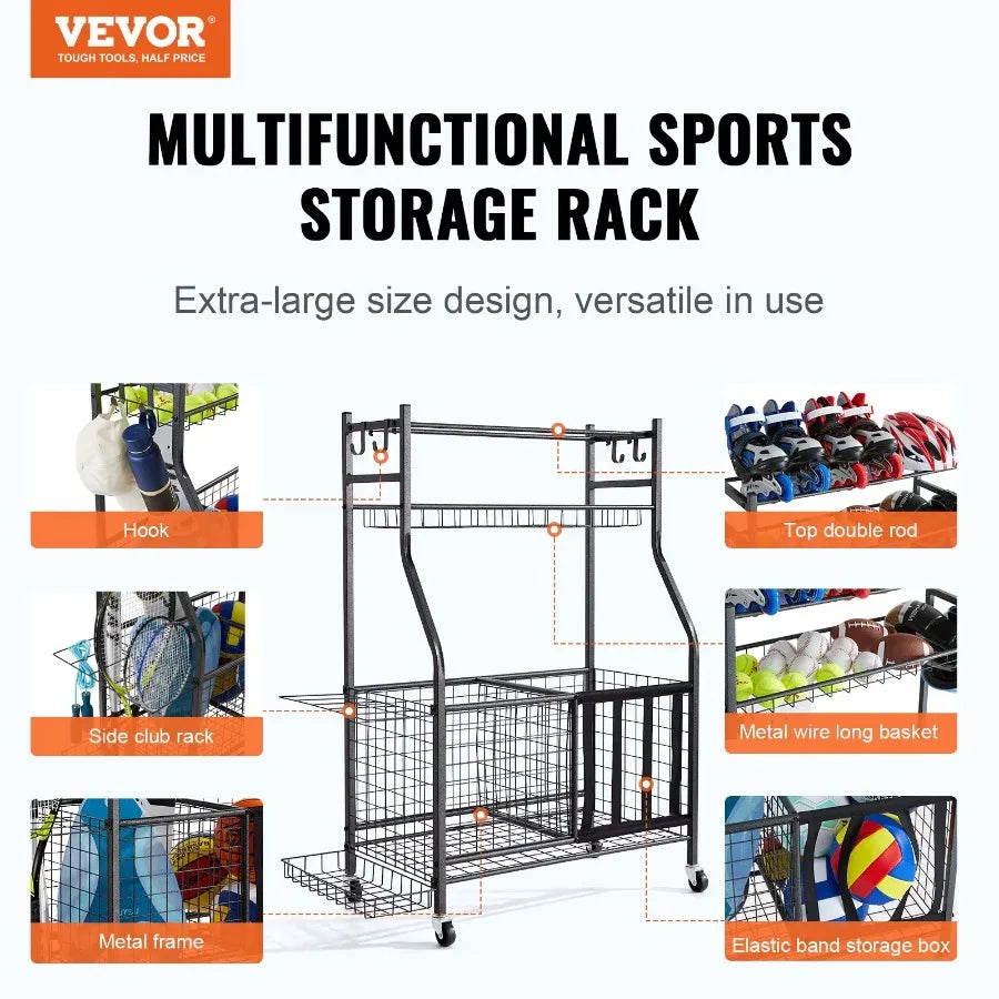 Sports Equipment Garage Organizer Rolling Ball Storage Cart on Wheels Basketball Rack with Baskets and Hooks Indoor Outdoor Sp