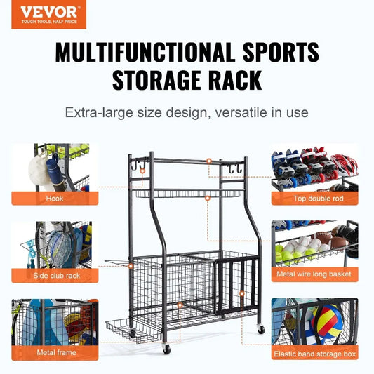 Sports Equipment Garage Organizer Rolling Ball Storage Cart on Wheels Basketball Rack with Baskets and Hooks Indoor Outdoor Sp