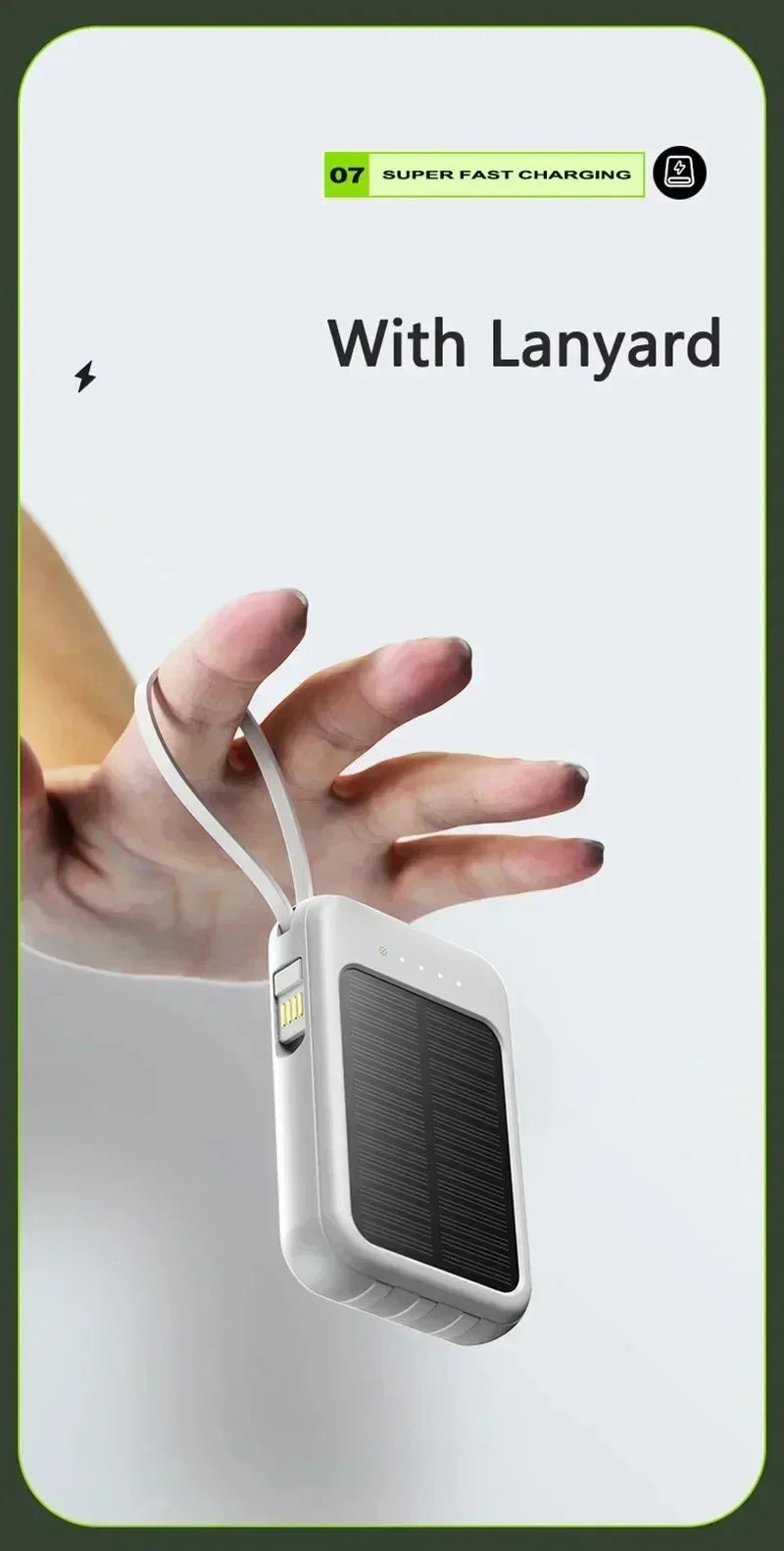 Solar Power Bank 20000mah Built-in Cable Solar Charger 2 USB Ports External Charger Power Bank with LED Light power bank New