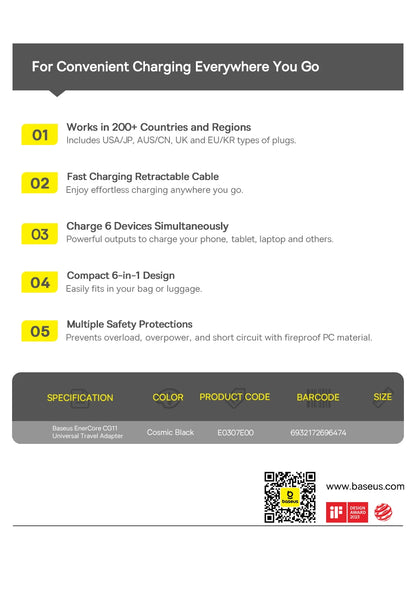 Baseus GaN Charger Universal Travel Adapter Built in 70W Retractable Cable 2AC 2 USB-A Type-C Fast Charging EU/UK/USA/AUS