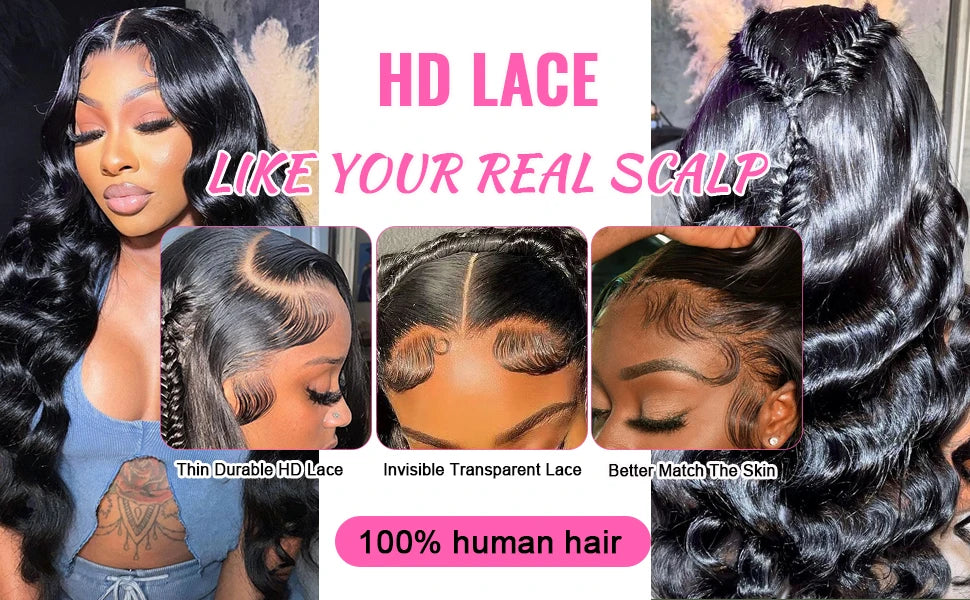 13x6 Hd Transparent Lace Frontal Wigs 100% Brazilian Human Hair Wig Loose Body Wave Black 40 Inch High Density Choice For Women