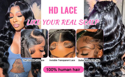13x6 Hd Transparent Lace Frontal Wigs 100% Brazilian Human Hair Wig Loose Body Wave Black 40 Inch High Density Choice For Women