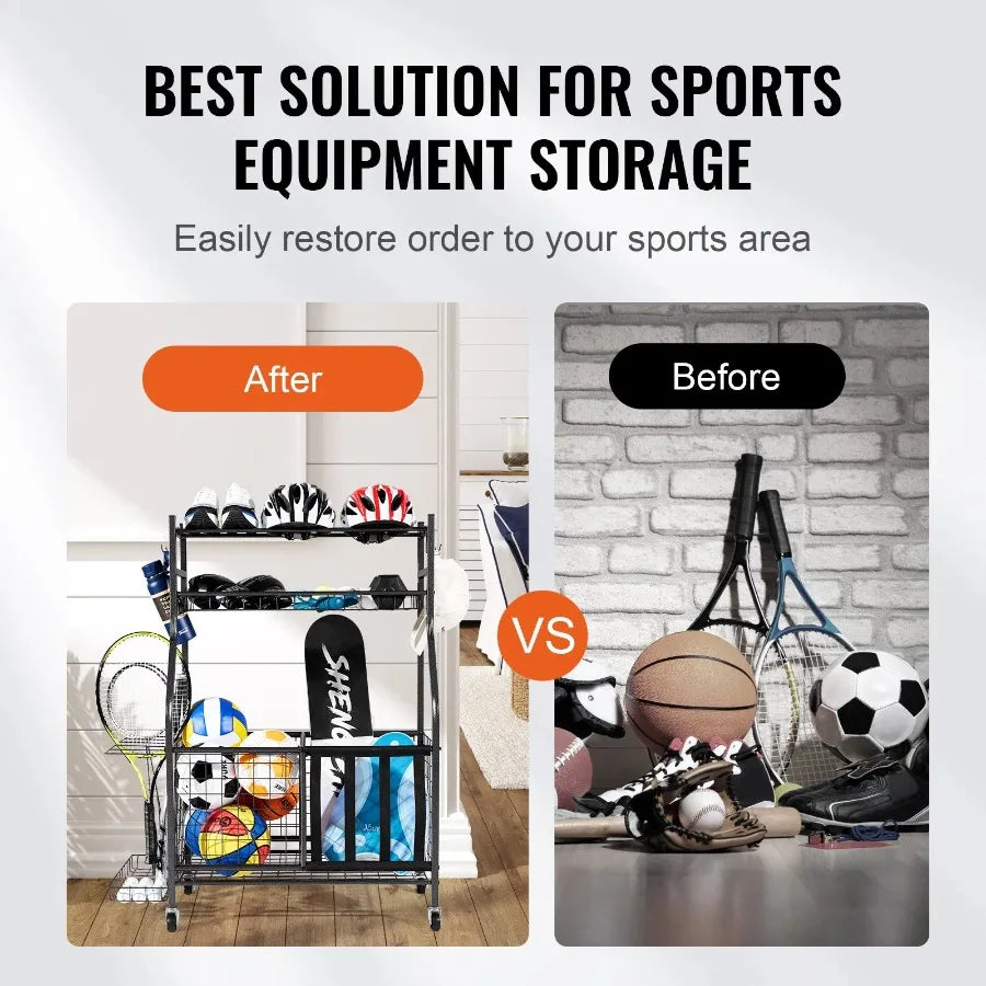 Sports Equipment Garage Organizer Rolling Ball Storage Cart on Wheels Basketball Rack with Baskets and Hooks Indoor Outdoor Sp