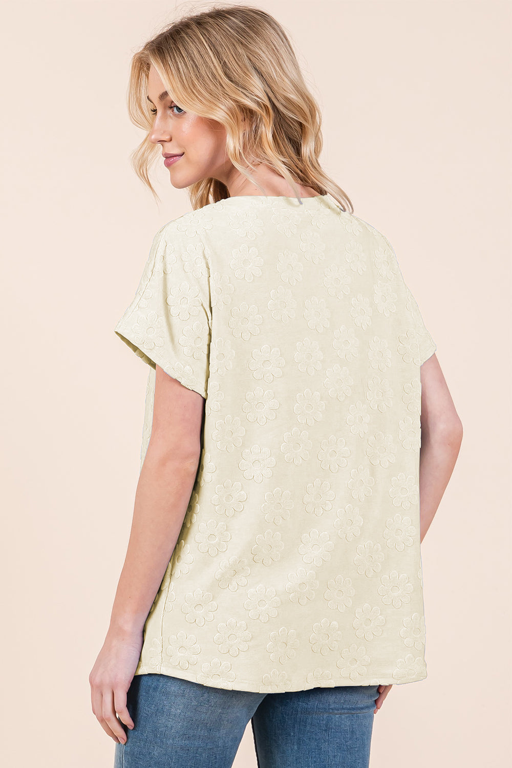 BOMBOM Textured Floral Pattern Short Sleeve T-Shirt-1