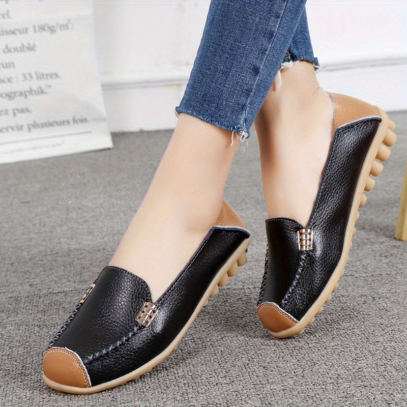 Lightweight Non Slip Women's Slip On Flat Loafers, Stitched Colorblock Walking Shoes