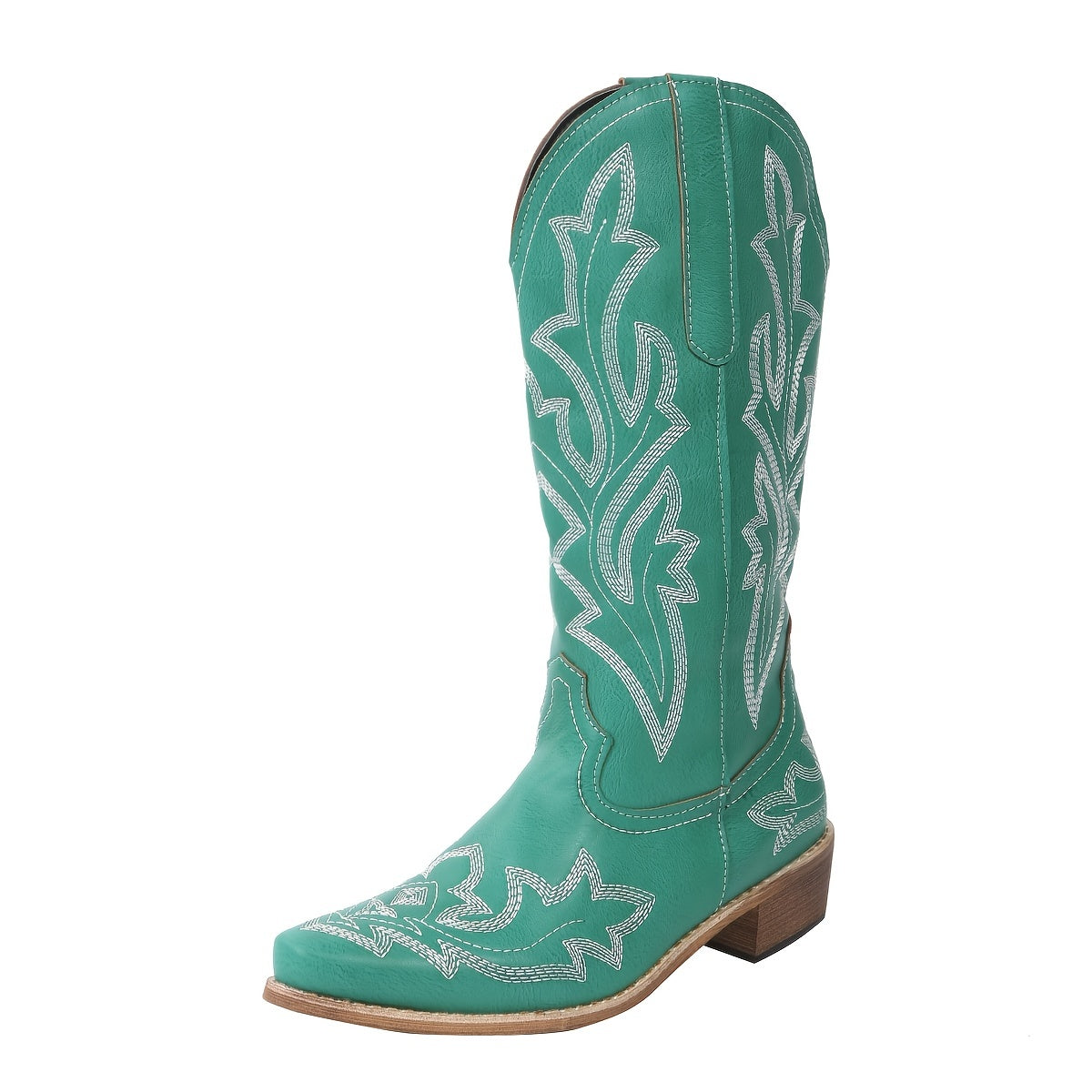 Women's Western Mid Calf Boots, V-cut Embroidery Cowgirl Boots, Retro Style Pointed Toe Slip On Shoes