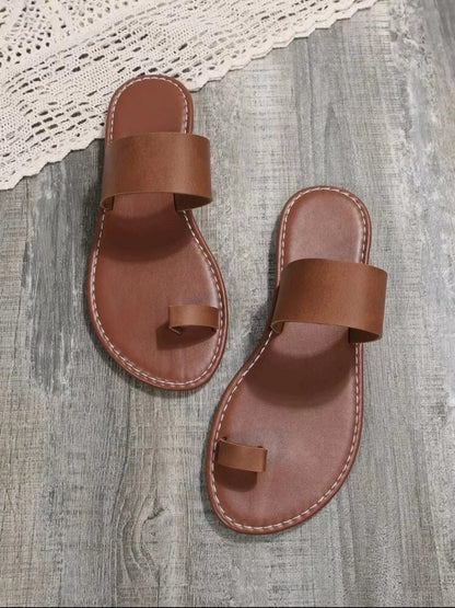 Women's Dark Brown Toe Loop Sandals, Open Round Toe Flat Comfy Fashion Slippers, Women's Indoor & Outdoor Slides
