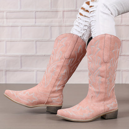 Women's Western Mid Calf Boots, V-cut Embroidery Cowgirl Boots, Retro Style Pointed Toe Slip On Shoes