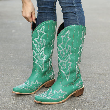 Women's Western Mid Calf Boots, V-cut Embroidery Cowgirl Boots, Retro Style Pointed Toe Slip On Shoes
