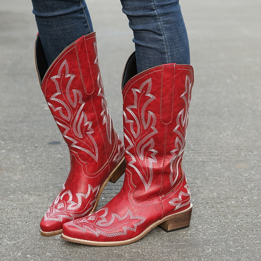 Women's Western Mid Calf Boots, V-cut Embroidery Cowgirl Boots, Retro Style Pointed Toe Slip On Shoes