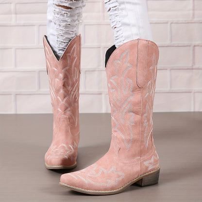 Women's Western Mid Calf Boots, V-cut Embroidery Cowgirl Boots, Retro Style Pointed Toe Slip On Shoes