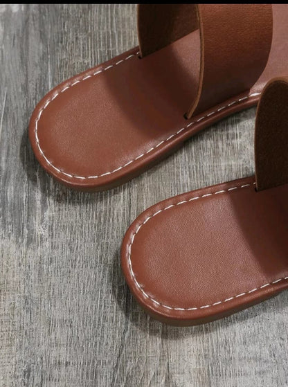 Women's Dark Brown Toe Loop Sandals, Open Round Toe Flat Comfy Fashion Slippers, Women's Indoor & Outdoor Slides