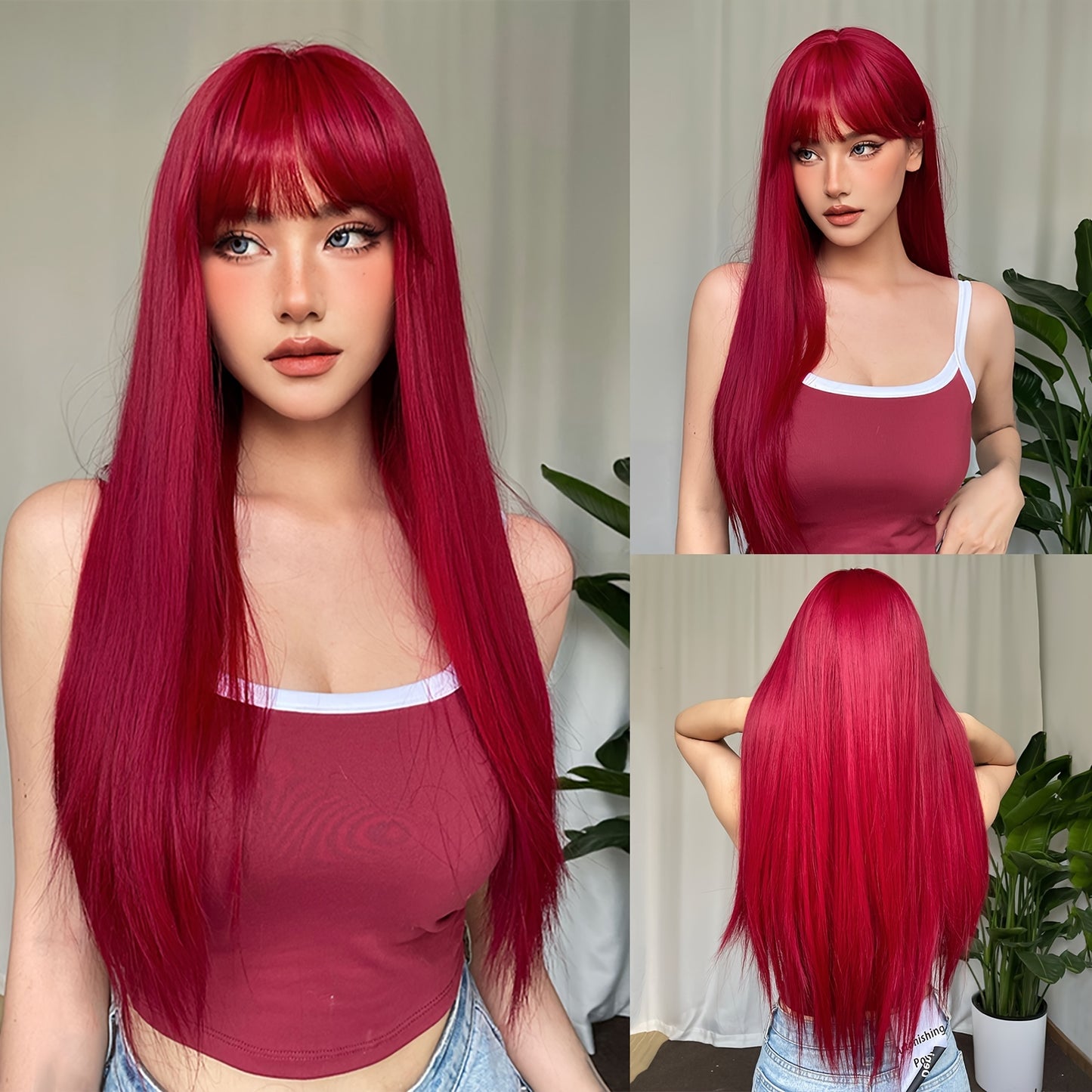 26 Inch Elegant Red Wig with Bangs for Women, Straight Heat Resistant Synthetic Hair, High Temperature Fiber, Rose Net Cap, Fashionable Long Wig
