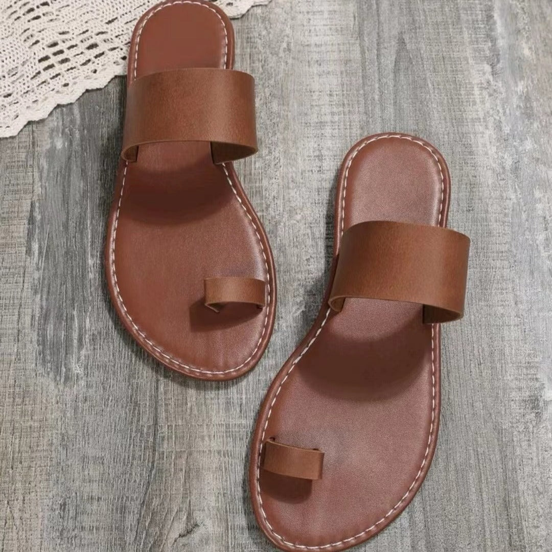 Women's Dark Brown Toe Loop Sandals, Open Round Toe Flat Comfy Fashion Slippers, Women's Indoor & Outdoor Slides