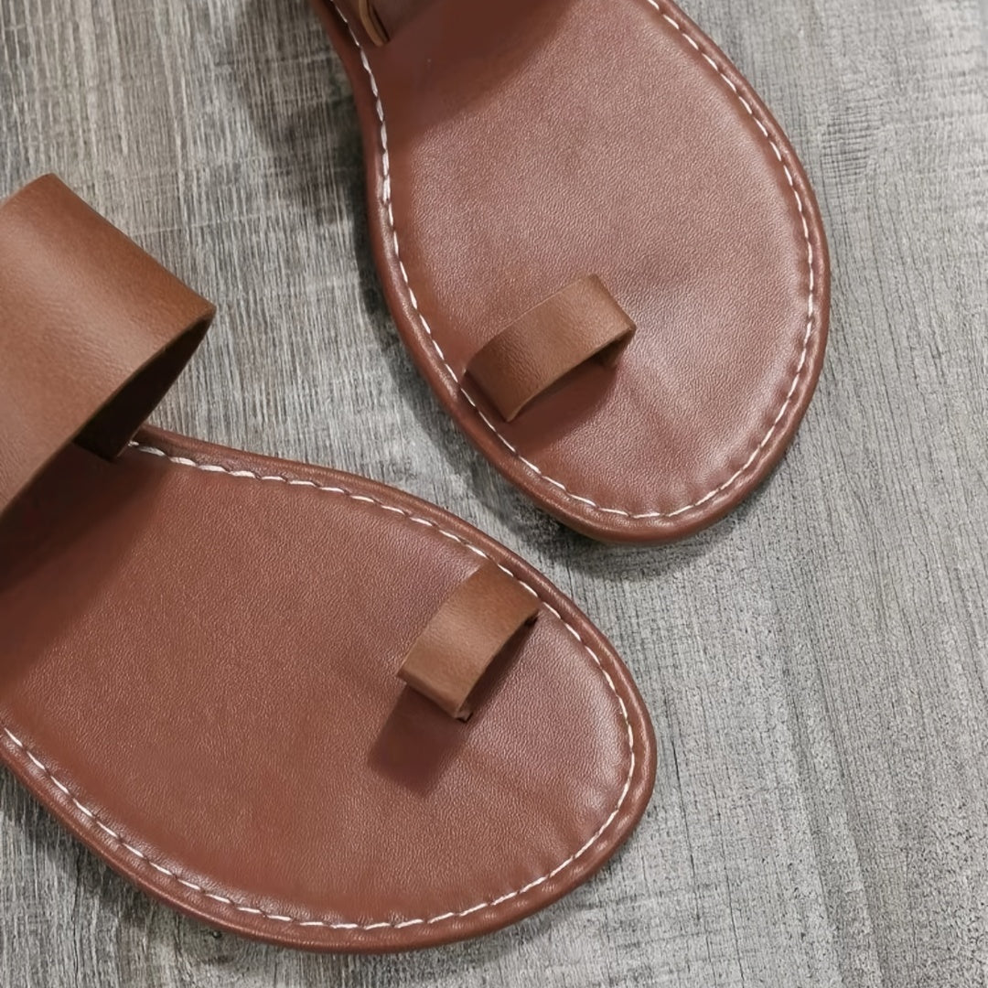 Women's Dark Brown Toe Loop Sandals, Open Round Toe Flat Comfy Fashion Slippers, Women's Indoor & Outdoor Slides