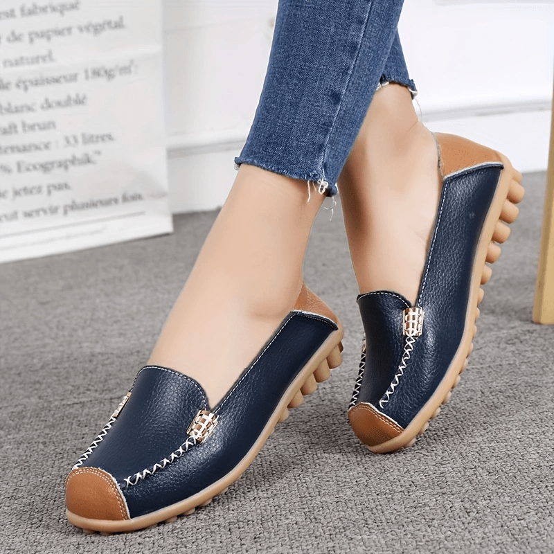 Lightweight Non Slip Women's Slip On Flat Loafers, Stitched Colorblock Walking Shoes