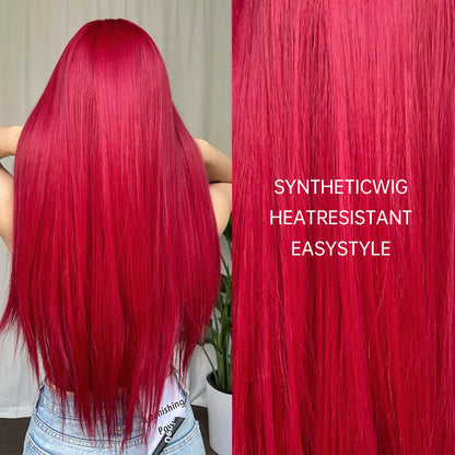 26 Inch Elegant Red Wig with Bangs for Women, Straight Heat Resistant Synthetic Hair, High Temperature Fiber, Rose Net Cap, Fashionable Long Wig